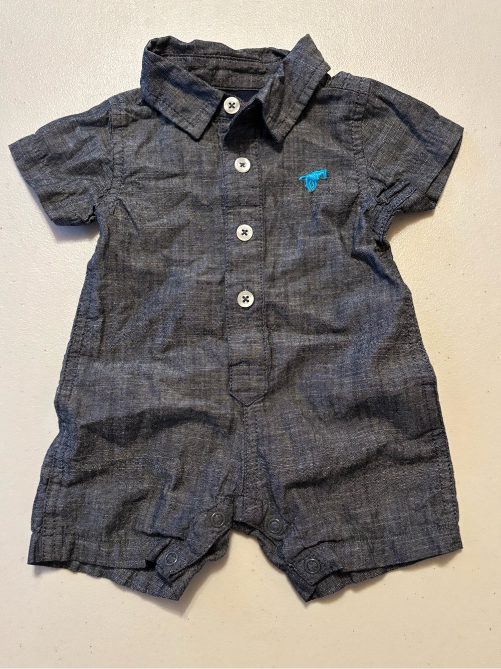 Wrangler Navy Chambray Baby Romper with Teal Embroidery Newborn 
0040S